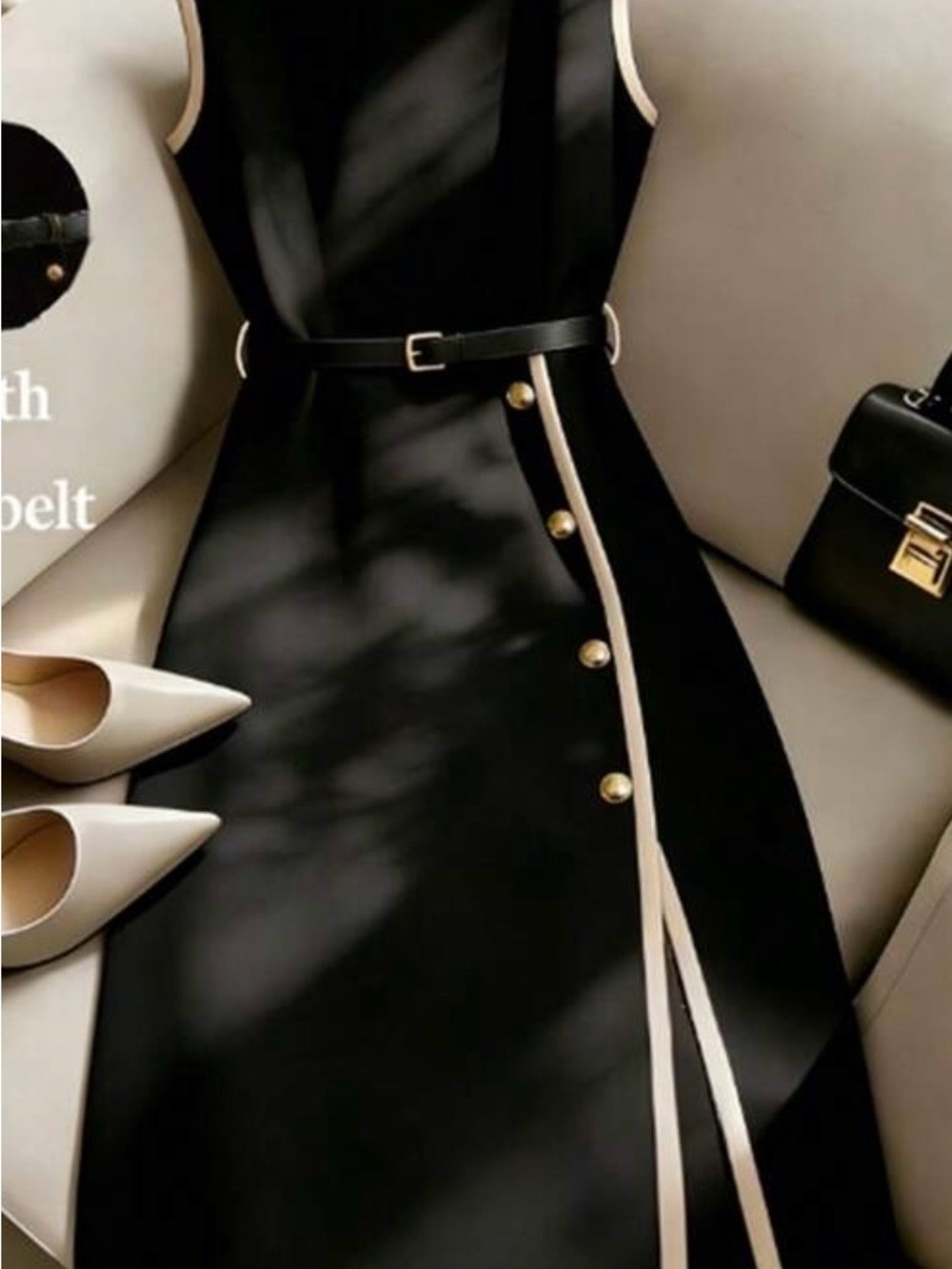 SHEIN Black Dress with Cream Trim and Gold Buttons - Picture 1 of 3
